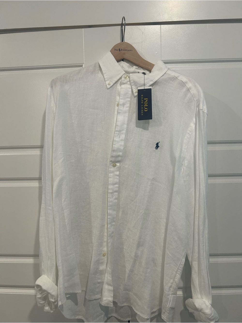 Ralph Lauren White Button-Down Linen Shirt with Navy Pony